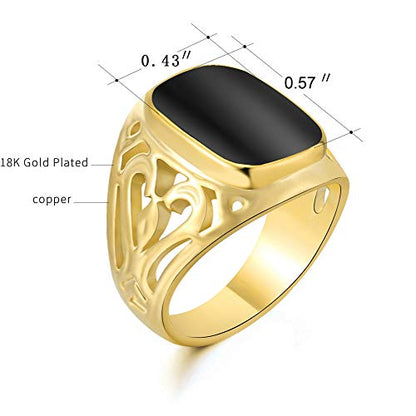 Star Jewelry Signet Pinky Ring with Black Square Enamel 18K Gold Plated for Men and Women Size 6-14