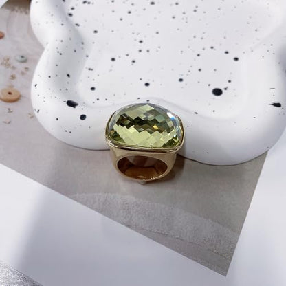 Chunky Square Crystal Glass Stainless Steel Statement Ring for Women Men Gold-Tone Plated Exaggerated Large Geometric Green Cubic Zirconia Finger Band Knuckle Rings Cocktail Prom Fashion Jewelry - color: Olive Green
