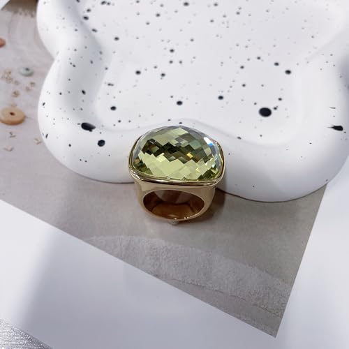 Chunky Square Crystal Glass Stainless Steel Statement Ring for Women Men Gold-Tone Plated Exaggerated Large Geometric Green Cubic Zirconia Finger Band Knuckle Rings Cocktail Prom Fashion Jewelry - color: Olive Green