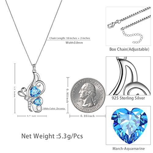 Butterfly Heart Necklace Birthstone Pendant Necklace Earrings Bracelet Women 925 Sterling Silver Animal Butterflies Birthstone Pendant Crystal Birthday Jewelry Wedding Gift - color: C.March-necklace