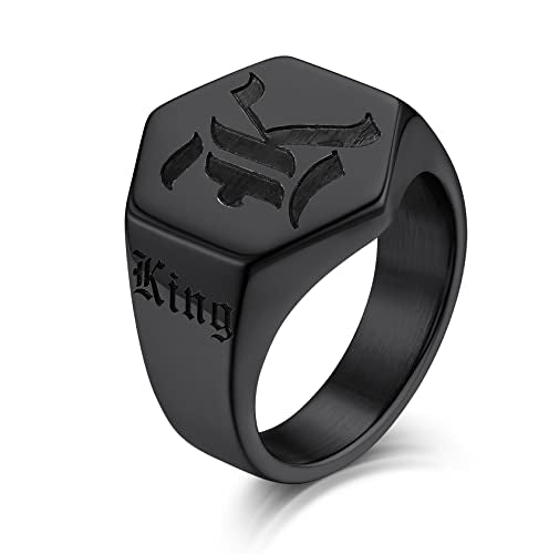 KeyStyle Custom Signet Rings for Men, Stainless Steel Personalized Engraved Pinky Ring for Women, Cool Ring Biker Rings Gifts for Father Husband Mother Grandfather(Size 7-14) - color: Black, size: 14, style: Hexagon