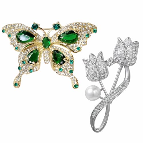2pcs Rhinestone Brooch Pin for Women Dress Elegant Stylish Crystal Brooches Fashion Accessories Pins Lapel Boutonniere Ideas Wedding Christmas Birthday Jewelry Easter Gift - color: 12 Green Butterfly/Silver