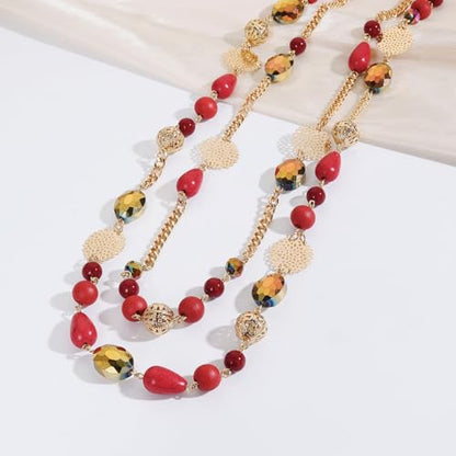 Bocar Long Necklaces for Women Trendy, Boho Layered Crystal Beaded Collar Necklaces for Women, Fashion Statement Necklaces Jewelry - color: Wine