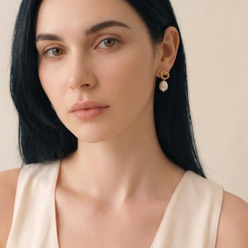 Pearl Earrings VeroSteel Dangle Earrings for Women, Dainty 14k Gold Huggie Hoop Earrings with Pearls, Trendy Pearl Drop Earrings, Stainless Steel Hypoallergenic Stud Earrings For Sensitive Ears - style: Cute Knot B