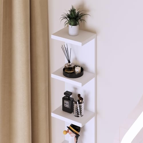 LitaEther 4 Tier White Lack Shelf Vanity Wall Shelf with 10 Crystal Hooks - Multi-Functional Storage for Makeup, Jewelry, Plants, Awards & Display (L7.1 x W5.5 x H30.7) (1)