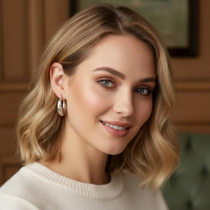 316L Chunky Stainless Steel Hoop Earrings, Fashionable Lightweight Hollow Open Hoops, Hypoallergenic Whtie Gold Plated Pipe Earrings for Women - style: 40mm, White Gold