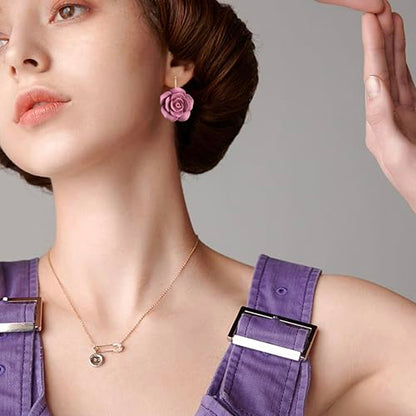 Handmade Bohemian Aesthetic Dainty Acrylic Flower Petal Leverback Earrings Sparkly 14K Gold Floral Dangle Drop Earrings for Women - color: Dark Purple
