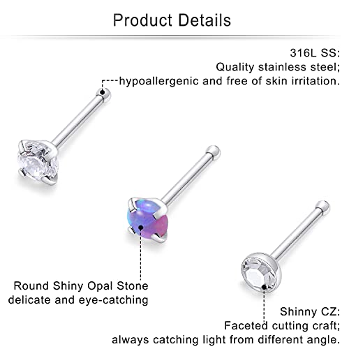Cisyozi 18G 20G 22G Nose Rings Studs Surgical Steel Nose Stud Set 1.5mm 2mm 2.5mm 3mm Diamond Cubic Zirconia Opal Screw L Shaped Straight Nose Piercing Jewelry for Women Men - color: A:22G-Bone -1.5mm