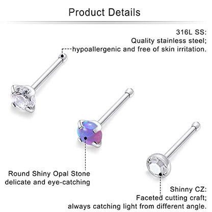 Cisyozi 18G 20G 22G Nose Rings Studs Surgical Steel Nose Stud Set 1.5mm 2mm 2.5mm 3mm Diamond Cubic Zirconia Opal Screw L Shaped Straight Nose Piercing Jewelry for Women Men - color: A:22G-Bone -1.5mm