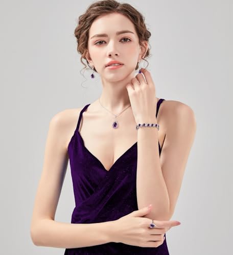LMXXVJ Jewelry Set for Women,Teardrop Cubic Zirconia Necklace Earrings Adjustable Ring Bracelet Jewelry Set Formal Jewelry Gift - color: ZYSD-White Gold-Purple