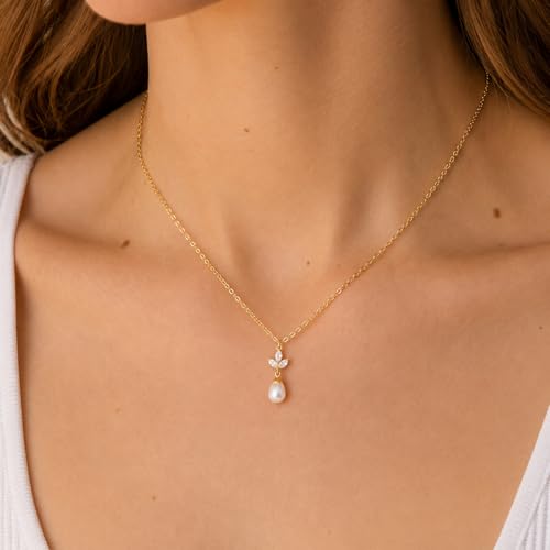 Pearl Necklace for Women- 14K Gold-plated/White Gold-plated Dainty Pearl Necklace for Women - color: Gold CZ pearl 327