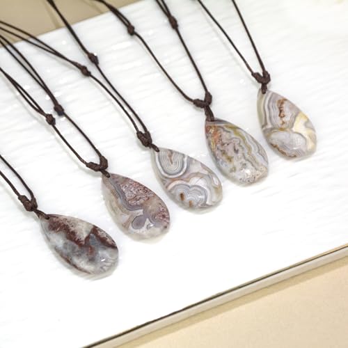 Mexican Agate Necklace, Natural Agat Teardrop Gemstone Pendant Necklace for Women, Adjustable Leather Cord Necklace 14-26 Inch