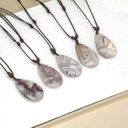 Mexican Agate Necklace, Natural Agat Teardrop Gemstone Pendant Necklace for Women, Adjustable Leather Cord Necklace 14-26 Inch