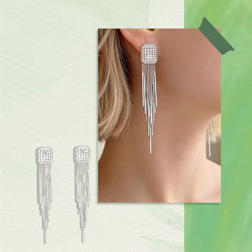 Rhinestone Tassel Earrings for Women, Elegant Long Silver Dangle Earrings for Wedding Party Formal Event Fashion Jewelry