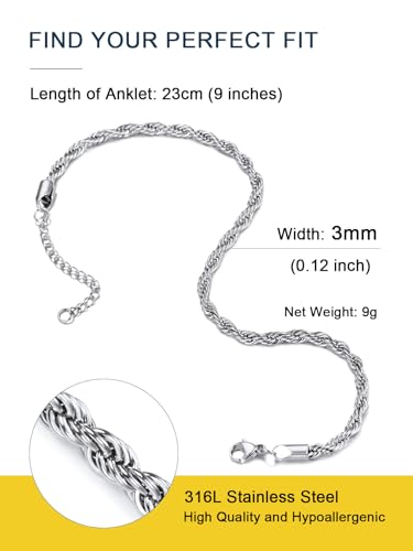 ChainsPro Resizable Anklet Chain for Women Men, Figaro/Wheat/Twist Rope/Cuban Foot Bracelet-Strong with Good Clasp-18K Gold Plated(Send Gift Box) - color: 09:twsit rope-Stainless