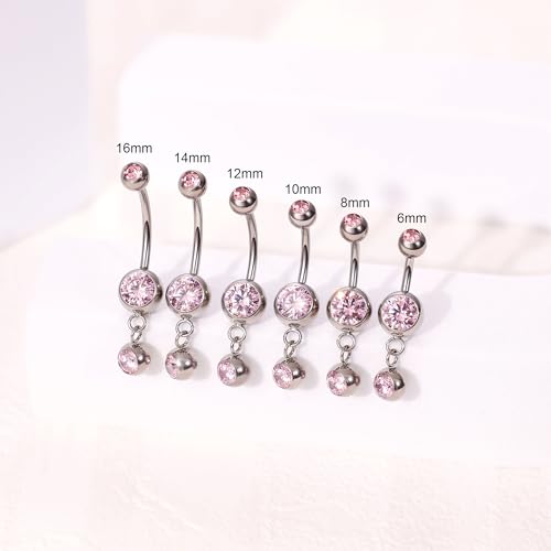 REVOLIA 14G G23 Pure Titanium Dangle Belly Button Rings for Women Hypoallergenic Dangling Navel Rings Internally Threaded Belly Rings for Sensitive Skin CZ Barbell Belly Button Piercing Jewelry 6-16mm - color: Pink