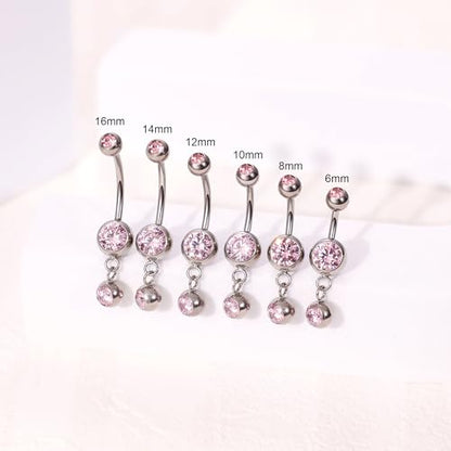 REVOLIA 14G G23 Pure Titanium Dangle Belly Button Rings for Women Hypoallergenic Dangling Navel Rings Internally Threaded Belly Rings for Sensitive Skin CZ Barbell Belly Button Piercing Jewelry 6-16mm - color: Pink