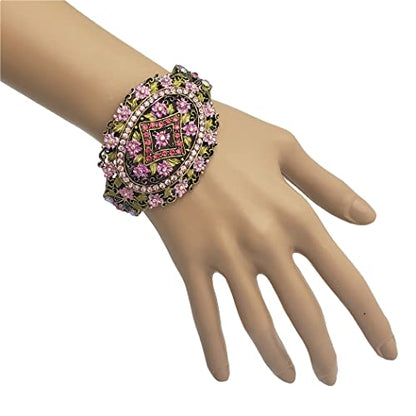 Rosemarie & Jubalee Women's Stunning Vintage Inspired Burnished Gold Statement Victorian Elegance Metal Frame Hinged Cuff Bangle Bracelet, 6.75" - style: Pink Flowers