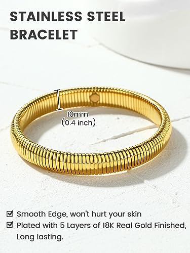 KeyStyle Bangle Bracelets For Women, Stainless Steel Stretch Bracelet Wide | 14K Gold/Rose Gold/Black/Silver Plated Flexible Wide Twisted Link Chain Wristband Jewelry, 10Mm, 16Mm, 20Mm - color: 10mm - Gold