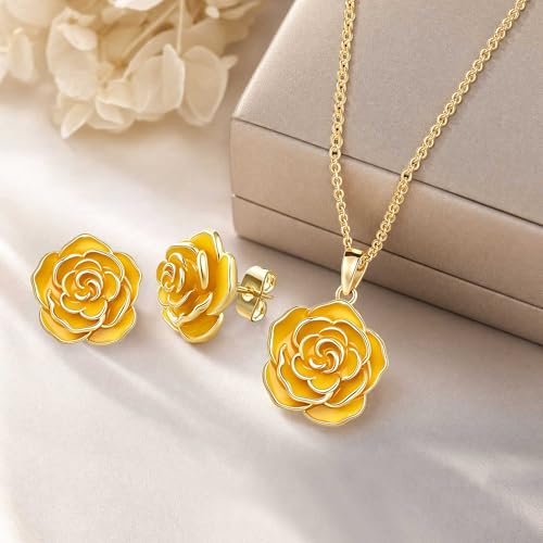 Enamel Rose Necklace and Earrings Jewelry Set for Women | 14K Gold Plated,Rose Represent: Love Gratitude Prid,Adjustable Chain Fit,Elegant Sets for Daily and Party Wear,Gift Box - color: Yellow