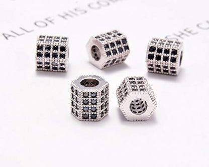 AD Beads Zircon Pave Rhinestones Big Hole Hexagon Spacer Beads 7x8mm 5Pcs Black on Silver - color: 5 Pcs Black on Silver Hexagon (7x8mm)