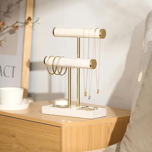 bussdis 2 Tier Bracelet Holder Display, Necklace Holder Organizer, Beige | Velvet Necklace Holder | Jewelry Tree | Jewelry Towers | Jewelry Stand Organizer for Necklaces, Bracelets, Earrings, Rings - color: Beige