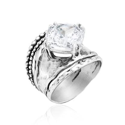 JEAN RACHEL JEWELRY 925 Sterling Silver Prong Solitaire Ring | Raised crown engagement style ring mounting a precision faceted brilliant Cubic Zirconia solitaire over stacked silver rows. - color: White CZ