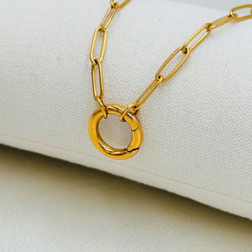 14K Gold Plated Paperclip Chain Necklace，Open Carabiner Spring Clasp for DIY Add-On Pendant Adjustable Gold Necklace for Women - color: GOLD