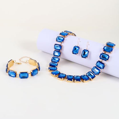 KOSMOS-LI Rectangle Faux Crystal Jewelry Sets Includ Necklace Bracelet Earrings For Women Stocking Stuffers - color: blue