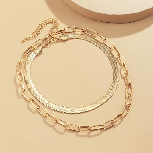 Gold Choker Necklace Dainty Cuban Link Necklace Simple Flat Snake Chain Necklace Layered Herringbone Necklace Hip Hop Jewelry for Women - style: Style-3