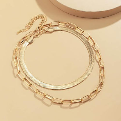 Gold Choker Necklace Dainty Cuban Link Necklace Simple Flat Snake Chain Necklace Layered Herringbone Necklace Hip Hop Jewelry for Women - style: Style-3