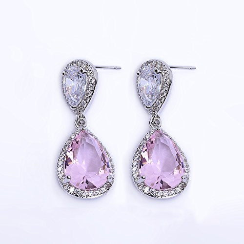 Elegant Jewelry Set for Women Silver Teardrop CZ Drop Earrings and Necklace | Square Teardrop Cubic Zirconia Rhinestone Jewelry Sets Bridal Jewelry Sets for Wedding Bride Bridesmaids Mother of Bride - style: Guardian Angel (Pink)