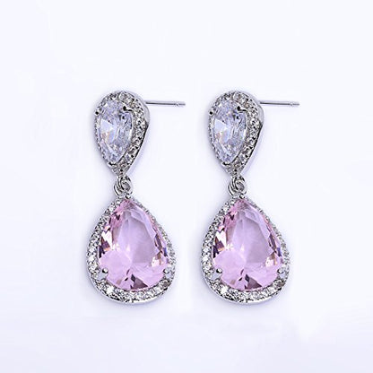 Elegant Jewelry Set for Women Silver Teardrop CZ Drop Earrings and Necklace | Square Teardrop Cubic Zirconia Rhinestone Jewelry Sets Bridal Jewelry Sets for Wedding Bride Bridesmaids Mother of Bride - style: Guardian Angel (Pink)