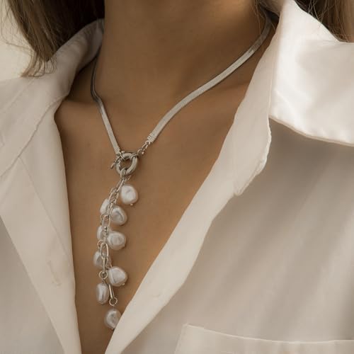 Women's Baroque Beaded Y Necklace, Trendy Pendant Long Choker, Simple Daily Wear Jewelry Gift - color: Silver