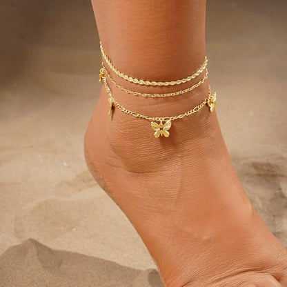 MFRYK Gold Ankle Bracelets for women,14k Gold/Silver Plated Waterproof Layered lightweight Cuban Link Figaro Chain Heart anklet butterfly anklet Pearl Ankle Bracelets Set Gold Anklets for women Trendy Jewelry Gift for Women - style: 3 anklets butterfiy ro