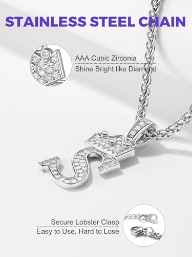 Richsteel Silver Crown Initial A-Z Letter Pendant Necklace for Men Women | Cubic Zirconia Monogram, 316L Steel Chain, 22" + 2" Extender,Hypoallergenic,Gift Box, Hip Hop Jewelry - style: S