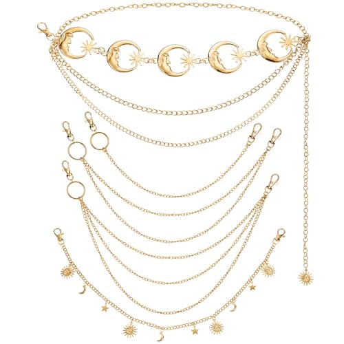 Jadive 5 Pieces Belt Chain Jeans Pants Pocket Waist Multi-Layer Hip Hop Metal Wallet Chain for Men Women - style: Moon,Gold