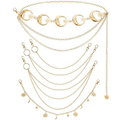 Jadive 5 Pieces Belt Chain Jeans Pants Pocket Waist Multi-Layer Hip Hop Metal Wallet Chain for Men Women - style: Moon,Gold