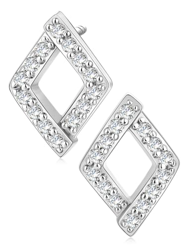 All Moissanites Sparkly Geometric Stud Earrings for Women, Solid 925 Sterling Silver with Rhodium/Gold Plated Hypoallergenic, Lightweight Comfy Earrings - color: Square - White Gold