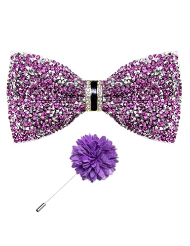 DiBanGu Mens Rhinestone Bow Tie with Ring and Lapel Pin Set | Adjustable Strap,Pre-tied Style,3PCS,Sequin Diamond Bowties，Solid/Mix Color,Shiny Accessory,for Party Prom Banquet Wedding - color: Purple and Silver