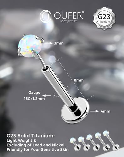OUFER 2PCS 16G/20G Nose Lip Studs, G23 Solid Titanium Threadless Push in Nose Nostril Lip Labret Medusa Monroe Helix Cartilage Tragus Conch Lobe Piercing Jewelry for Women Men - color: Silver bar, Claw Opal, size: 2pcs, 16g 8mm, 3mm Opal