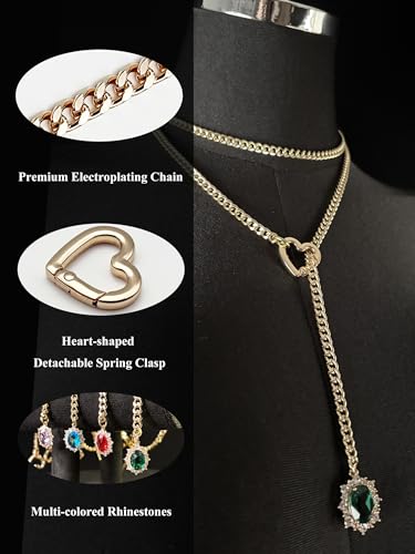 Women's Heart O-Ring Slip Chain Necklace, Double Layered Adjustable 39'' Cuban Chain with Detachable Heart Clasp and Colorful Rhinestone Pendant - color: 39'' Gold-Emerald Green