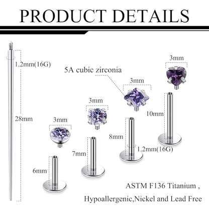 Titanium Flat Back Lip Rings Internally Threaded Earrings Studs Nose Rings 20G 18G 16G Round Heart Square CZ Tragus Cartilage Lobe Rook Helix Conch Labret Medusa Piercing Jewelry for Women Men - color: Purple CZ, size: 16G-6/8/10mm