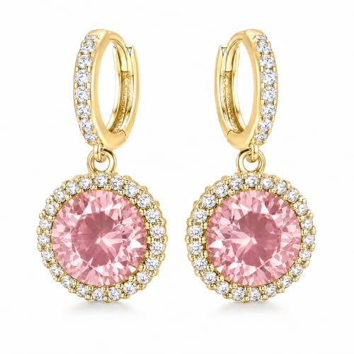 14K Gold Plated Hoop Dangle Earrings for Women, Hypoallergenic Colorful Cubic Zirconia Drop Earrings, Lightweight Huggie Earrings for Women - color: Gold/Pink