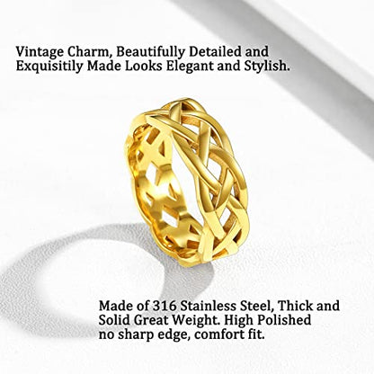 Bestyle Celtic Knot Band Rings for Men Women, Stainless Steel Irish Finger Ring Viking Wedding Bands Jewelry Gift Wedding Promise Gold Silver Black - color: 02. Gold- Celtic Knot Pattern