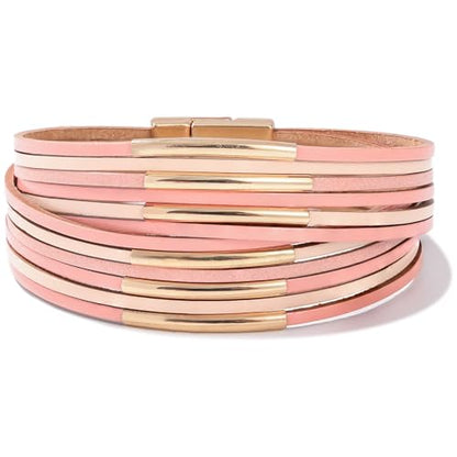 Gold Tube Leather Wrap Bracelets Boho Chunky Stackable Layered Western Cuff | Stacked Bohemian Cool Magnetic Clasp Bangles Statement Cowgirl Hippie Country Festival Accessories for Women Trendy - color: Pink
