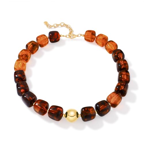 Chunky Beaded Necklace for Women Boho Statement Bead Necklace Adjustable Choker with Polished Disc/Square Beads Trendy Summer Beach Jewelry Gifts - color: Amber