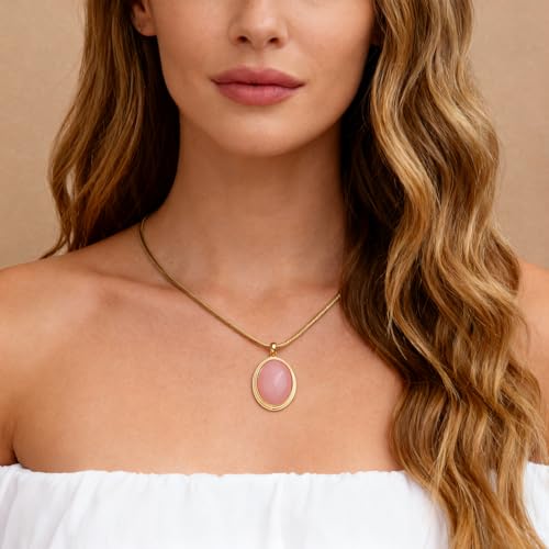 Sonateomber Gold Stone Pendant Necklace for Women, Chunky Statement Dainty Heart Oval Natural Gemstone Dangle Necklaces Wedding Prom Accessories Fashion Jewelry Gift - color: Pink Rose Quartz