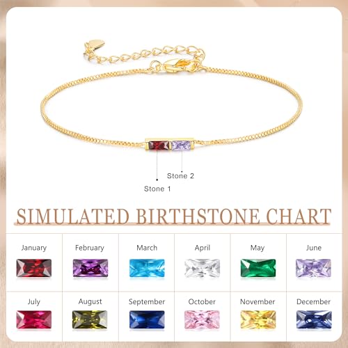 Sterling Silver Personalized 1-6 Birthstone Bracelet for Women Mothers Day Bracelet for Mom Daughter Custom Dainty Jewelry for Christmas Birthday Gift Ideas - style: Gold-2 stones