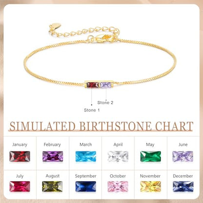 Sterling Silver Personalized 1-6 Birthstone Bracelet for Women Mothers Day Bracelet for Mom Daughter Custom Dainty Jewelry for Christmas Birthday Gift Ideas - style: Gold-2 stones